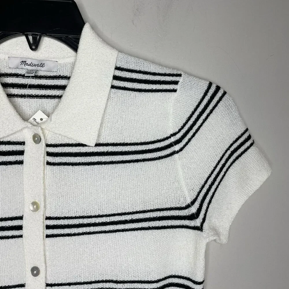 MADEWELL Sweater Women XS Polo Knit Tee NEW Ivory Stripe Short Sleeve NQ341 - Picture 2 of 14